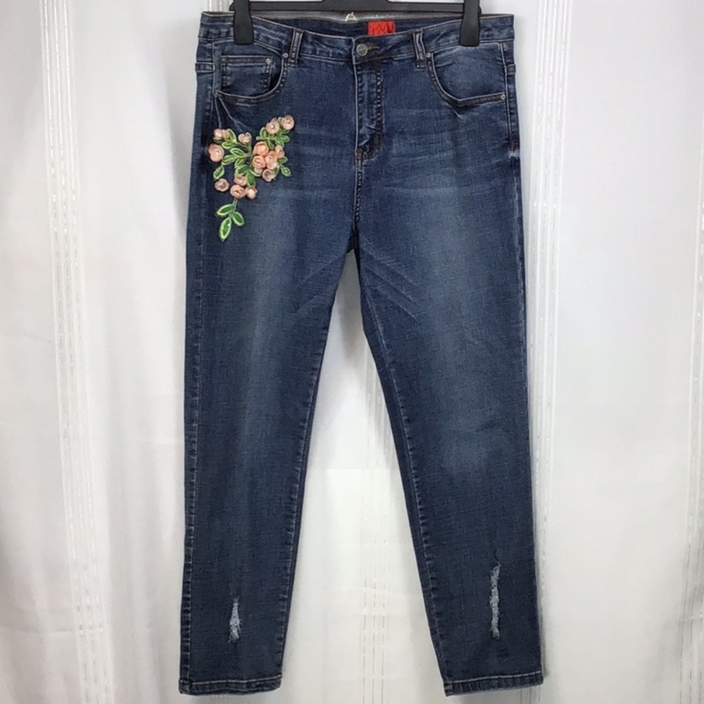 V Cristina Floral Embellished Stretch Zip Front Blue Jeans Sz.14